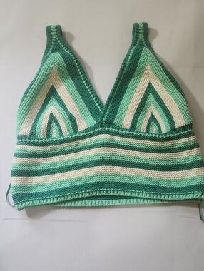 Zara Green & White Striped Knit Crop Top
